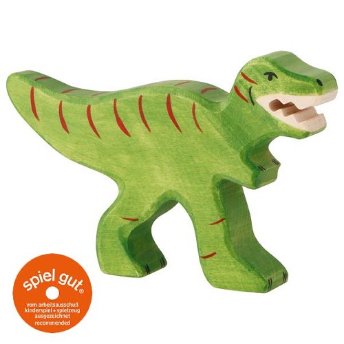 Green dinosaur toy with red stripes on a white background, featuring the 'spiel gut' logo.