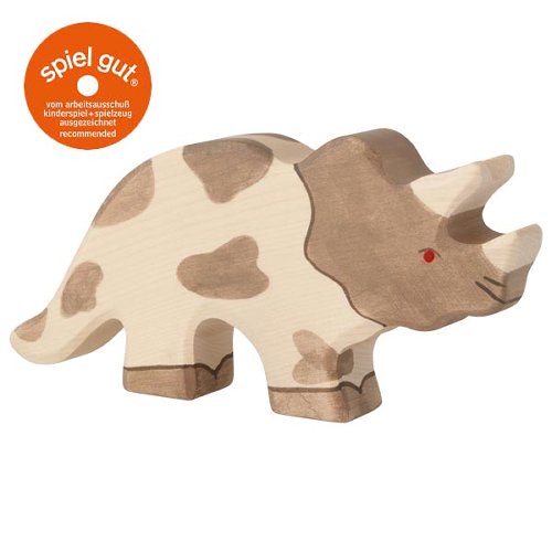 Wooden dino triceratops toy with 'spiel gut' logo on a white background
