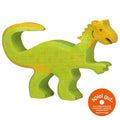 Wooden dinosaur toy with green body and yellow accents on a white background, featuring the 'spiel gut' logo.