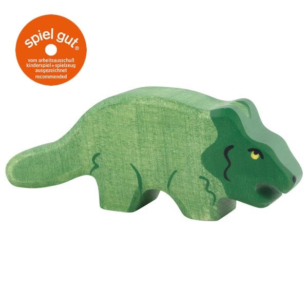 Green wooden bear toy with 'spiel gut' logo on a white background