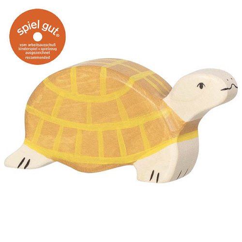 Wooden turtle toy with 'spiel gut' logo on a white background