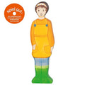 Wooden toy figure of a woman wearing an orange raincoat with 'spiel gut' logo.