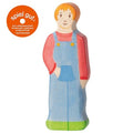 Wooden toy figure of a child wearing a red shirt and blue overalls with 'spiel gut' logo.