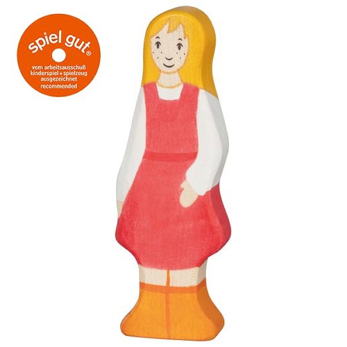 Wooden toy figure of a girl with a red dress and yellow hair on a white background, featuring the 'spiel gut' logo.