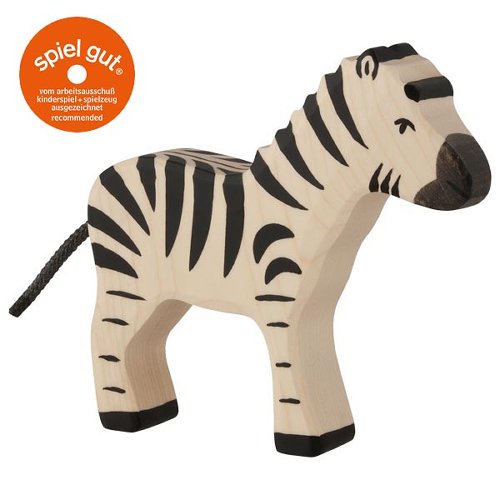 Wooden zebra toy with 'spiel gut' logo on a white background