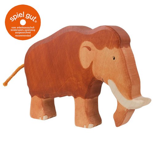 Wooden elephant toy with 'spiel gut' label on a white background