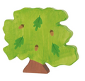 Wooden toy oak tree with green leaves and brown acorns on a white background