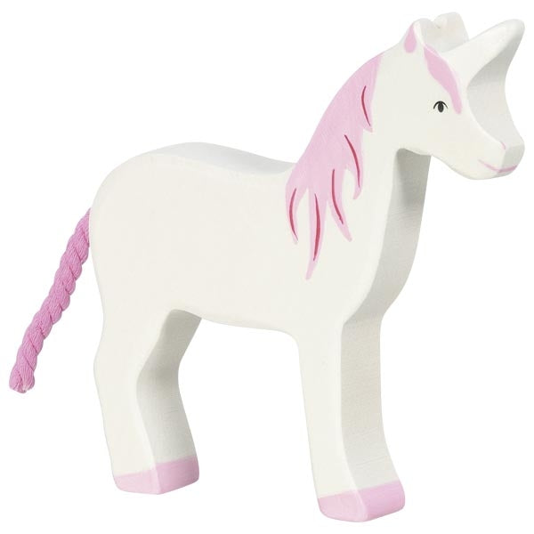 White unicorn toy with pink mane and tail on a white background