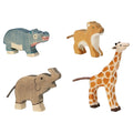 Set of wooden animal figurines including a hippo, lion, elephant, and giraffe on a white background.