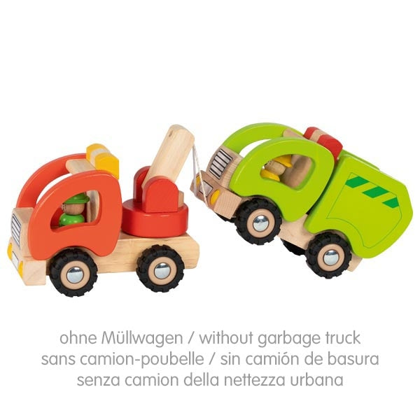 A wooden toy truck set on a white background, featuring a red and orange tow truck pulling a lime green garbage truck. German text at the bottom reads 'ohne Müllwagen / without garbage truck / sans camion-poubelle / sin camñ de basura / senza camion della nettezza urbana'.
