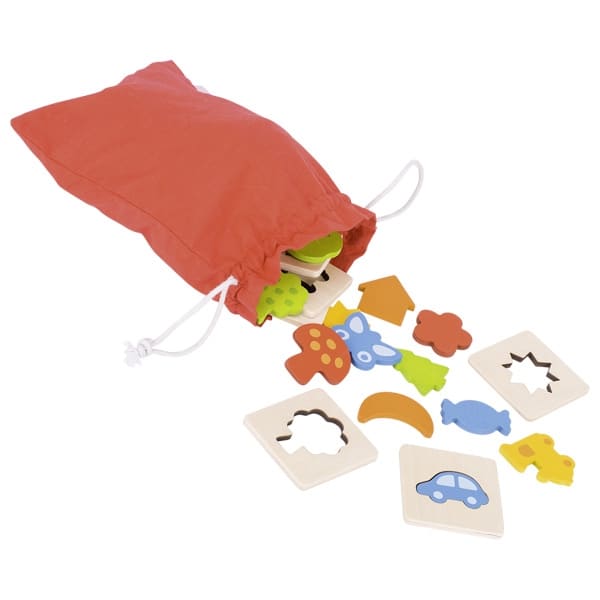 Colorful wooden puzzle pieces with shapes and animals on a white background