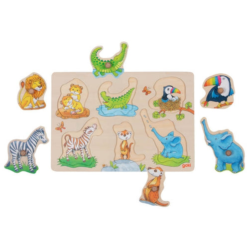 Wooden puzzle with animal figures on a white background