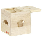 Wooden toy block with holes on a white background, featuring the brand 'goki'.