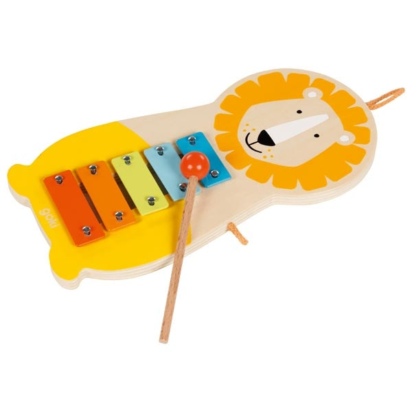 Wooden toy xylophone shaped like a lion with two drumsticks on a white background