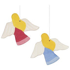 Two colorful angel decorations with wings and different colored dresses on a white background.