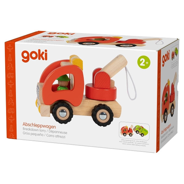 Goki wooden toy breakdown cart in its original white and orange packaging box, showing the red and natural wood toy truck on the front.