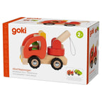 Goki wooden toy breakdown cart in its original white and orange packaging box, showing the red and natural wood toy truck on the front.