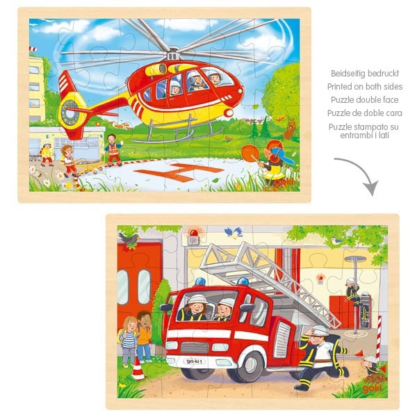Two wooden puzzles showing a fire helicopter and a fire truck scene, printed on both sides.