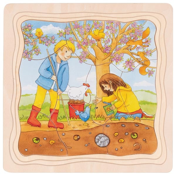 Children's illustration of two children playing with a chicken under a tree with birds.