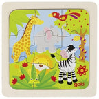 Children's puzzle with cartoon animals on a colorful background, featuring the brand 'goki'.
