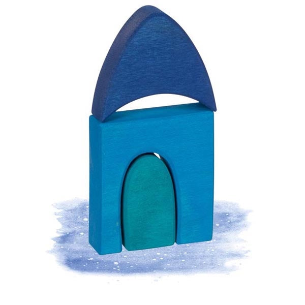 Blue toy arch with a green door on a white background