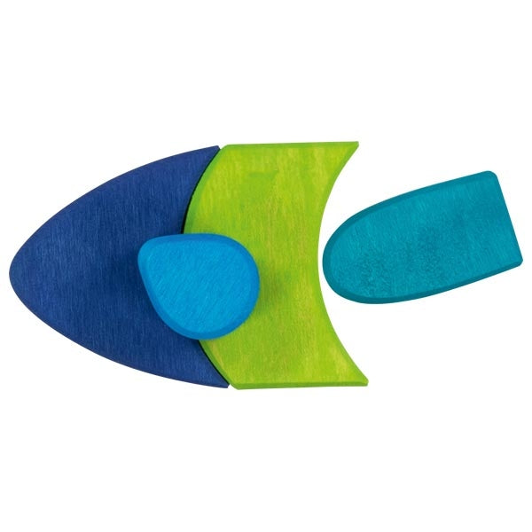 Colorful fish-shaped object with blue and green sections on a white background