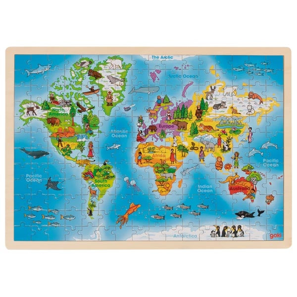 World map puzzle with colorful illustrations on a wooden frame