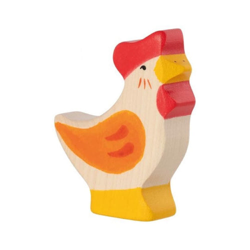 Wooden toy chicken with red comb and yellow beak on a white background