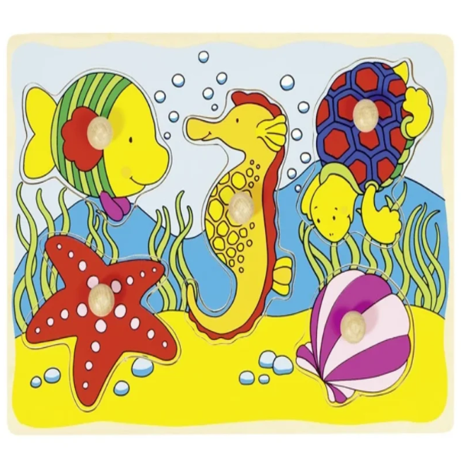 Wooden Lift-Out Puzzle – Seahorse, Shell, Fish