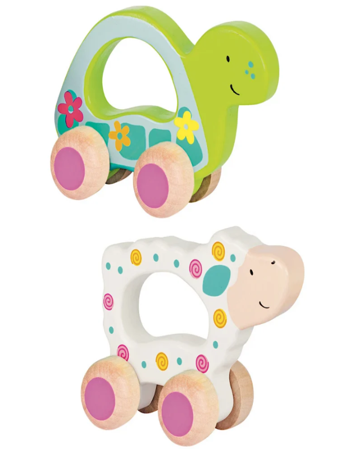 Two colorful wooden toys shaped like a turtle and sheep on a white background