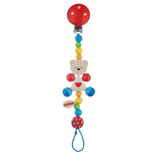 Colorful baby teether with a bear design on a white background