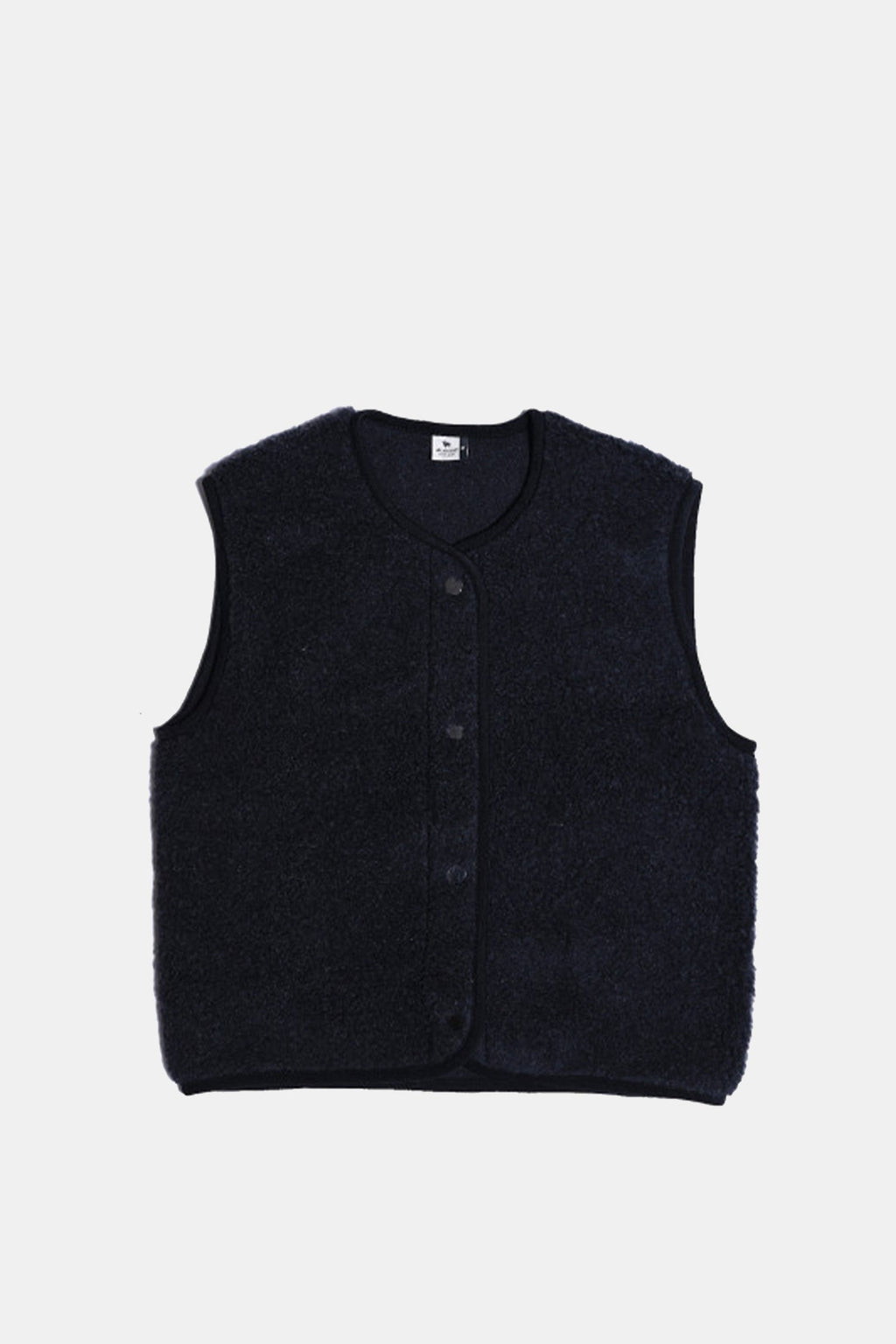 Black woolen Alwero sleeveless bodywarmer vest with black push buttons on a white background