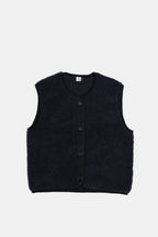 Black woolen Alwero sleeveless bodywarmer vest with black push buttons on a white background