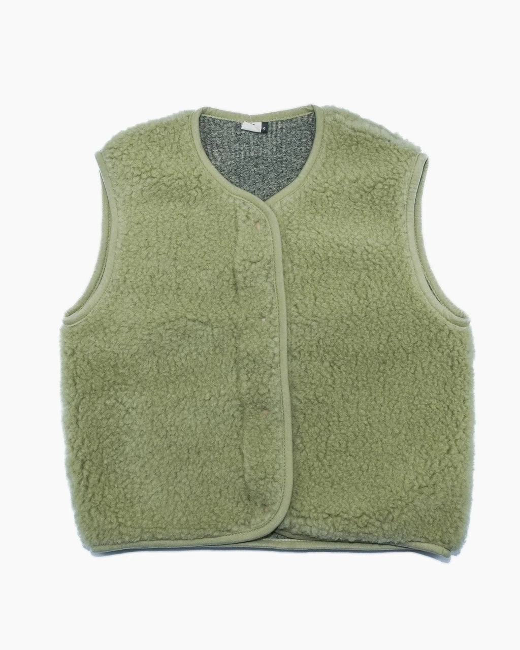 Pistachio green woolen Alwero sleeveless bodywarmer vest with pistachio coloured buttons on a white background