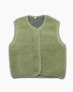 Pistachio green woolen Alwero sleeveless bodywarmer vest with pistachio coloured buttons on a white background