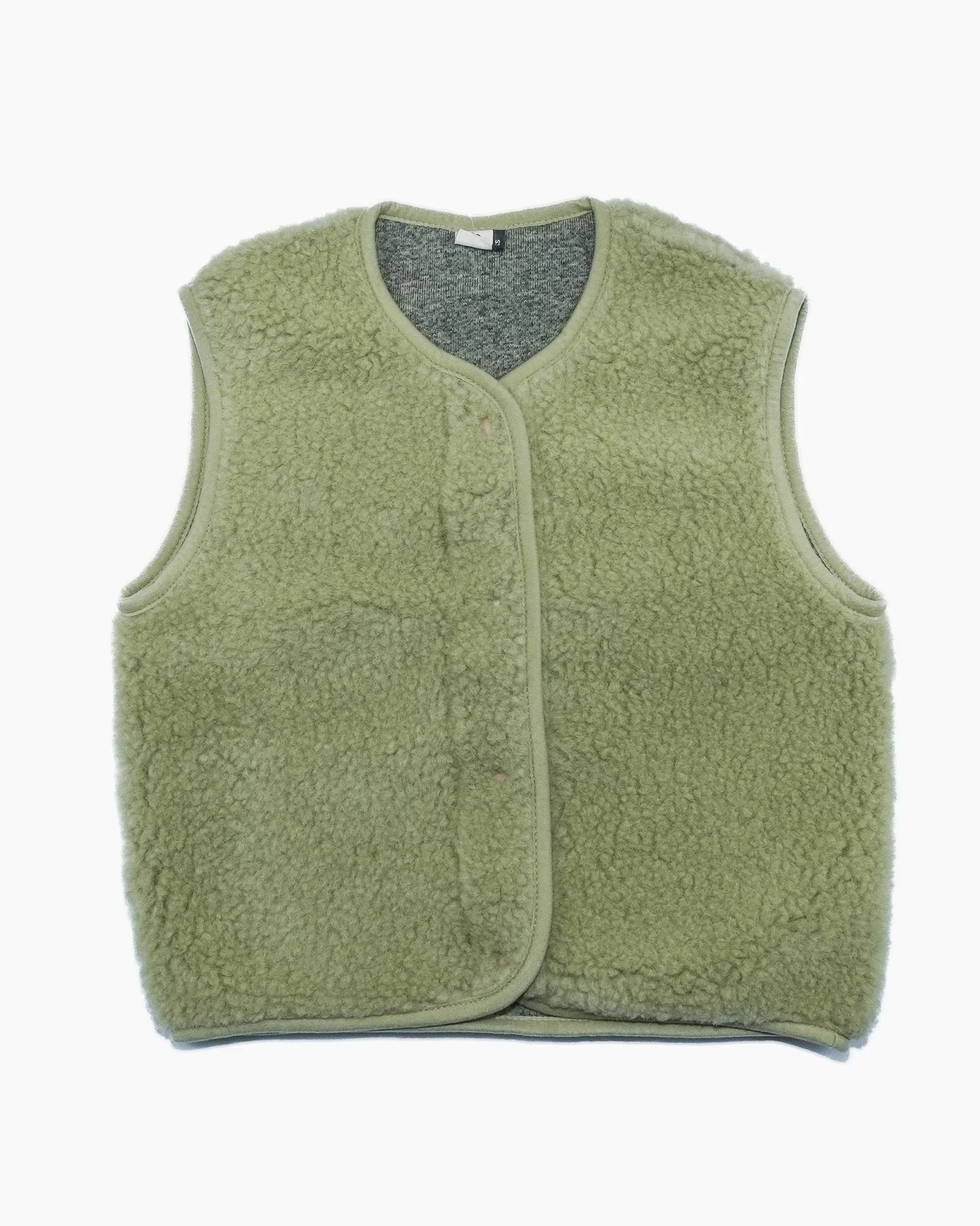 Pistachio green woolen Alwero sleeveless bodywarmer vest with pistachio coloured buttons on a white background