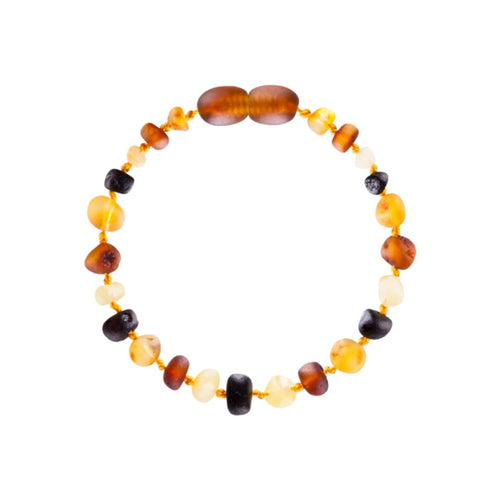 Multicoloured Amber beaded bracelet on a white background