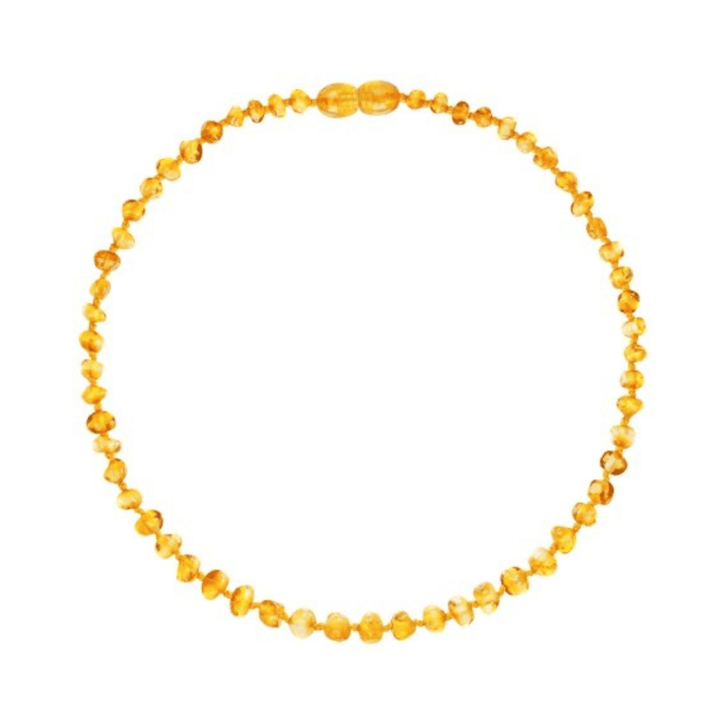 Round amber necklace on a white background