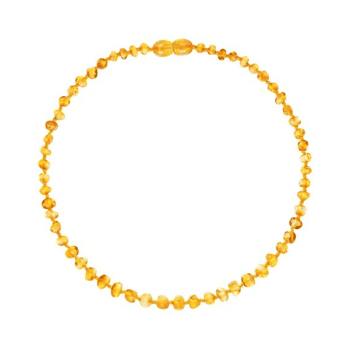 Round amber necklace on a white background