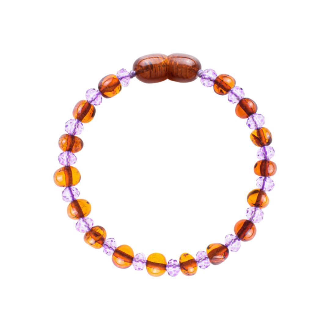 Amber Baby & Toddler Bracelet - Baroque Cognac • Purple Glass Crystals