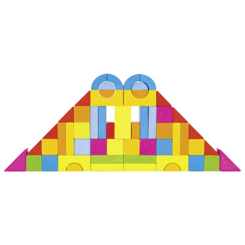Colorful geometric block structure on a white background