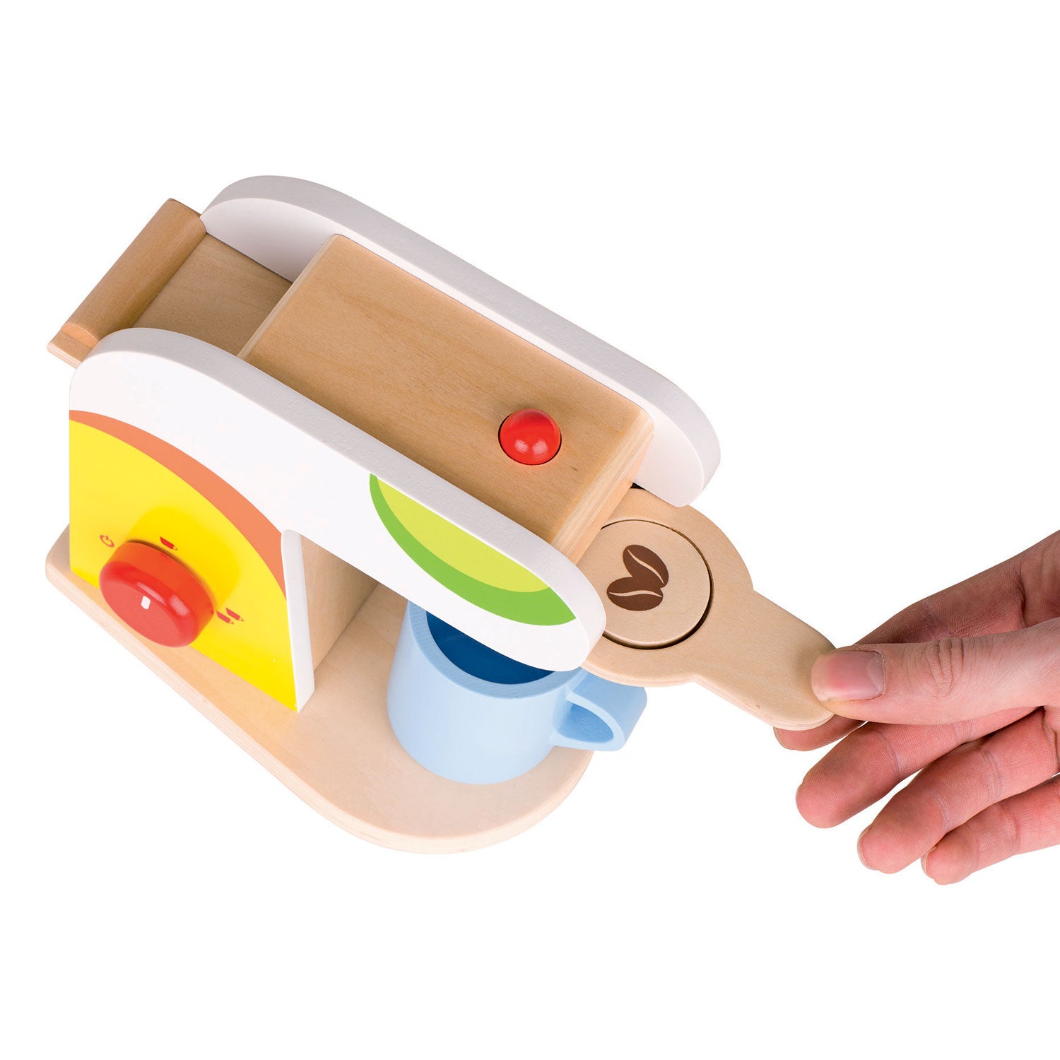 Wooden toy with colorful compartments and a hand interacting with it on a white background