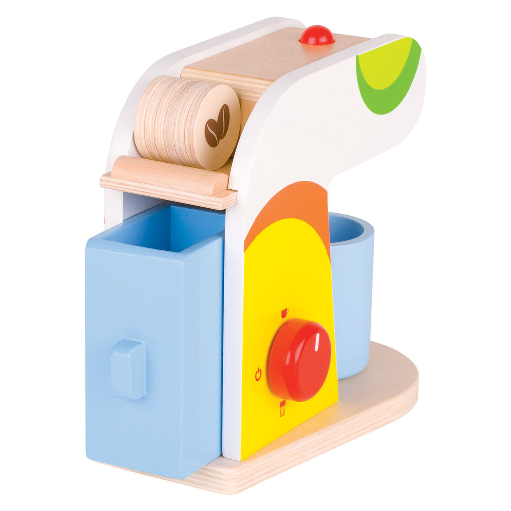 Colorful wooden toy with various shapes on a white background