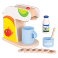 Wooden toy coffee maker set with cup, milk bottle, and ingredients on a white background