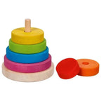 Colorful wooden stacking toy with additional pieces on a white background