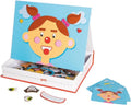 Children's toy set with face parts and card featuring a cartoon character on a white background