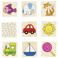 Wooden memory game with various animal and object designs on a white background