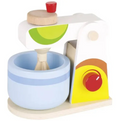 Colourful wooden toy kitchen set on a white background