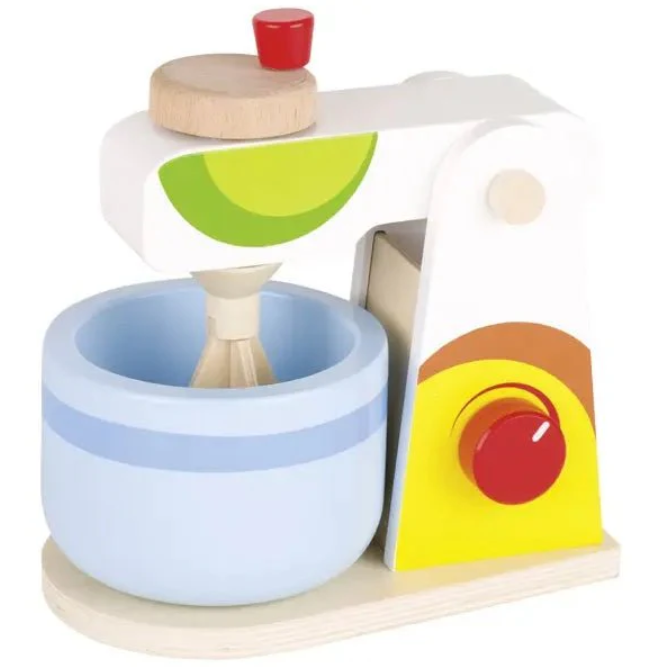 Colourful wooden toy kitchen set on a white background