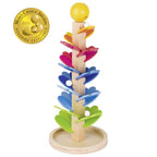 Colorful wooden toy with hanging rings and a ball, featuring a 'Mom's Choice Awards' logo.